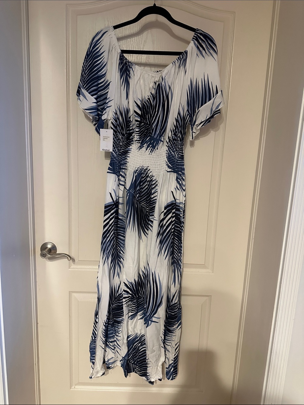 White Maxi Dress with Navy Palm Print - Smocked Waist,  off the shoulder’s